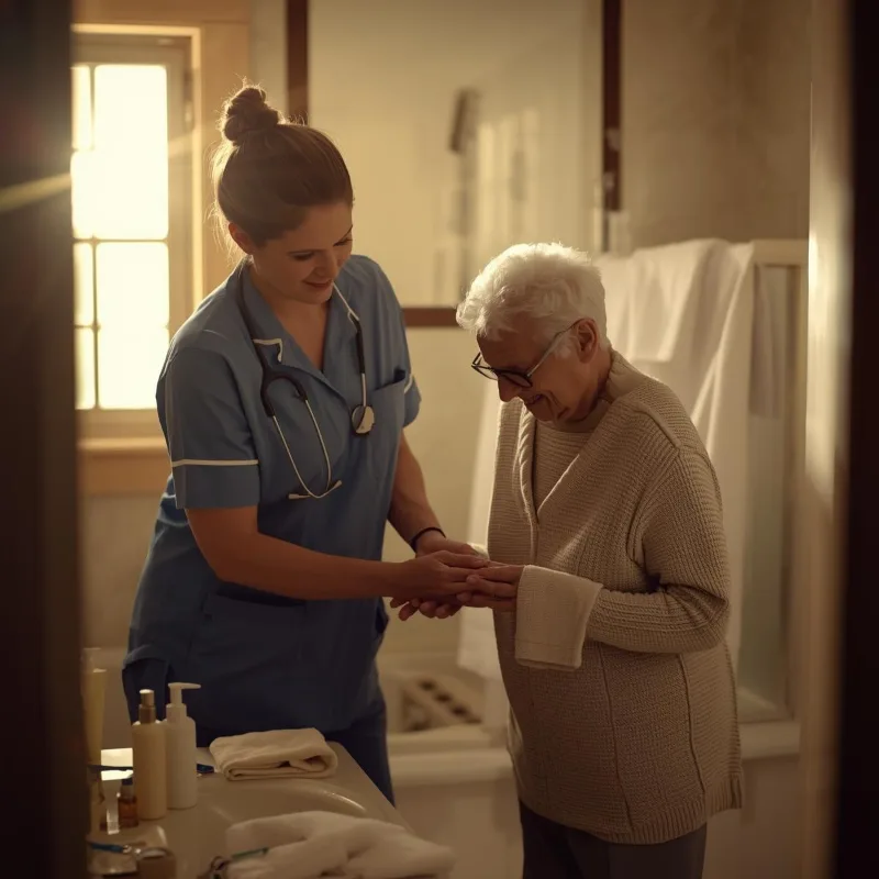 A caregiver helping an older adult at home.
