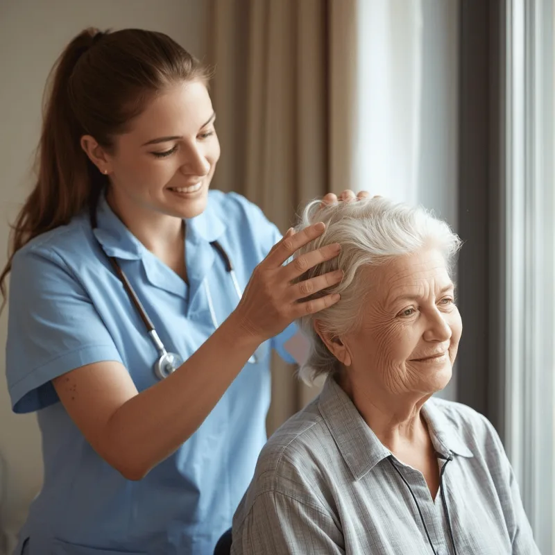 A caregiver helping an older woman with her hair.