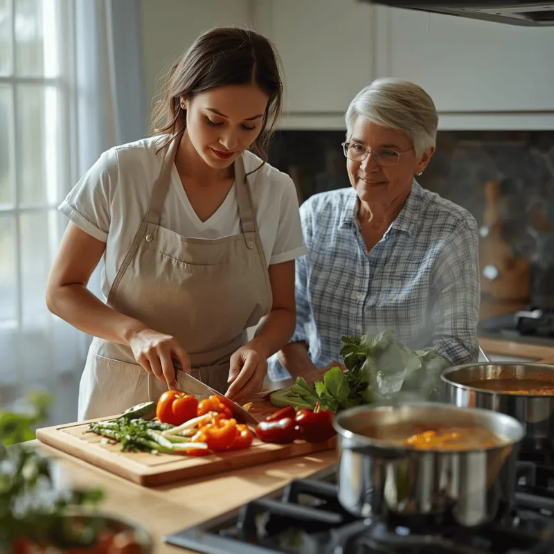 A caregiver and an older woman preparing food together in a kitchen.